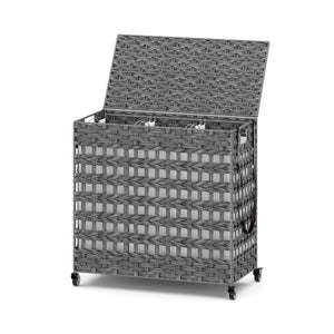 Wäschekorb Rattan mit Deckel 3 Fächer 140L grau