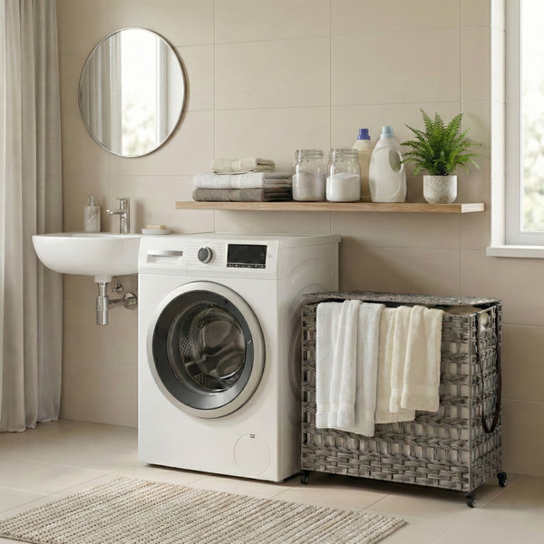 Wäschekorb Rattan mit Deckel 3 Fächer 140L grau