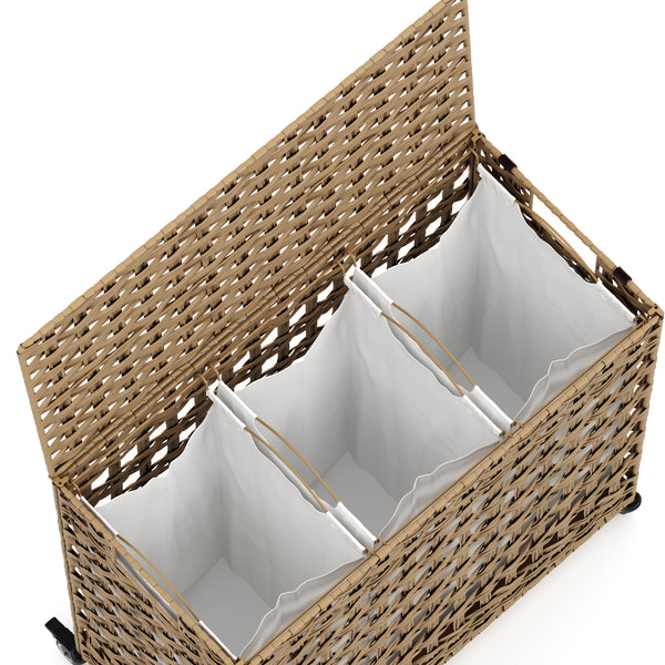 Wäschekorb Rattan mit Deckel 3 Fächer 140L braun