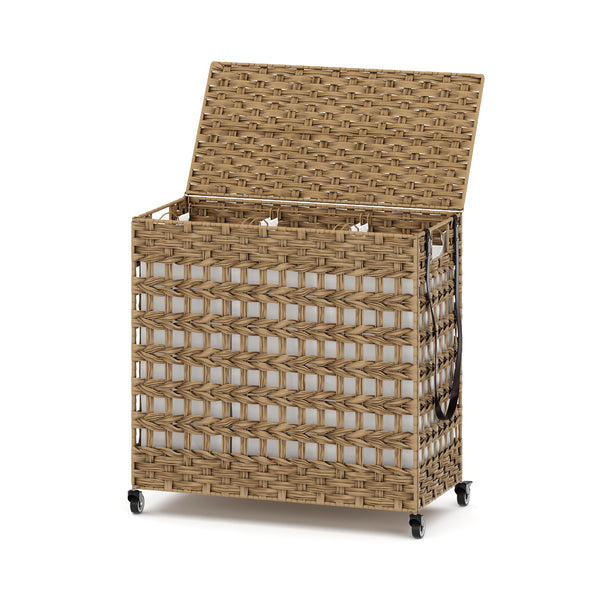 Wäschekorb Rattan mit Deckel 3 Fächer 140L braun