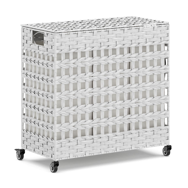 Wäschekorb Rattan mit Deckel 3 Fächer 140L weiss