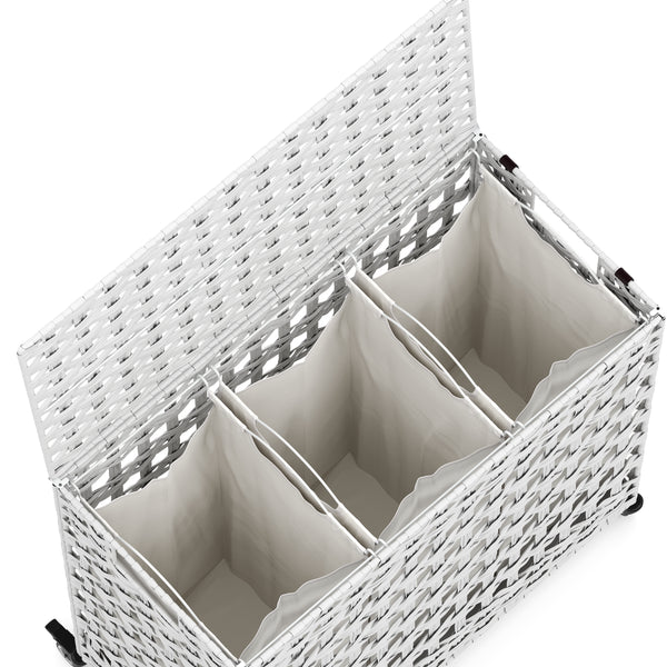 Wäschekorb Rattan mit Deckel 3 Fächer 140L weiss