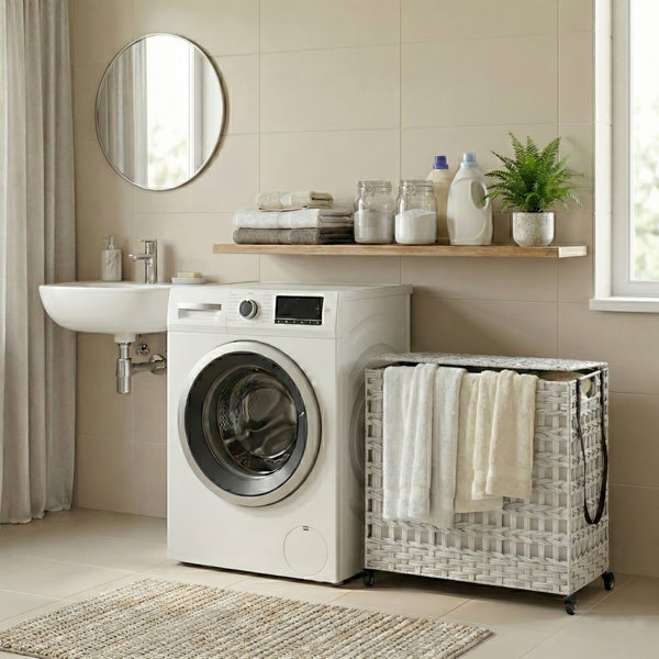 Wäschekorb Rattan mit Deckel 3 Fächer 140L weiss