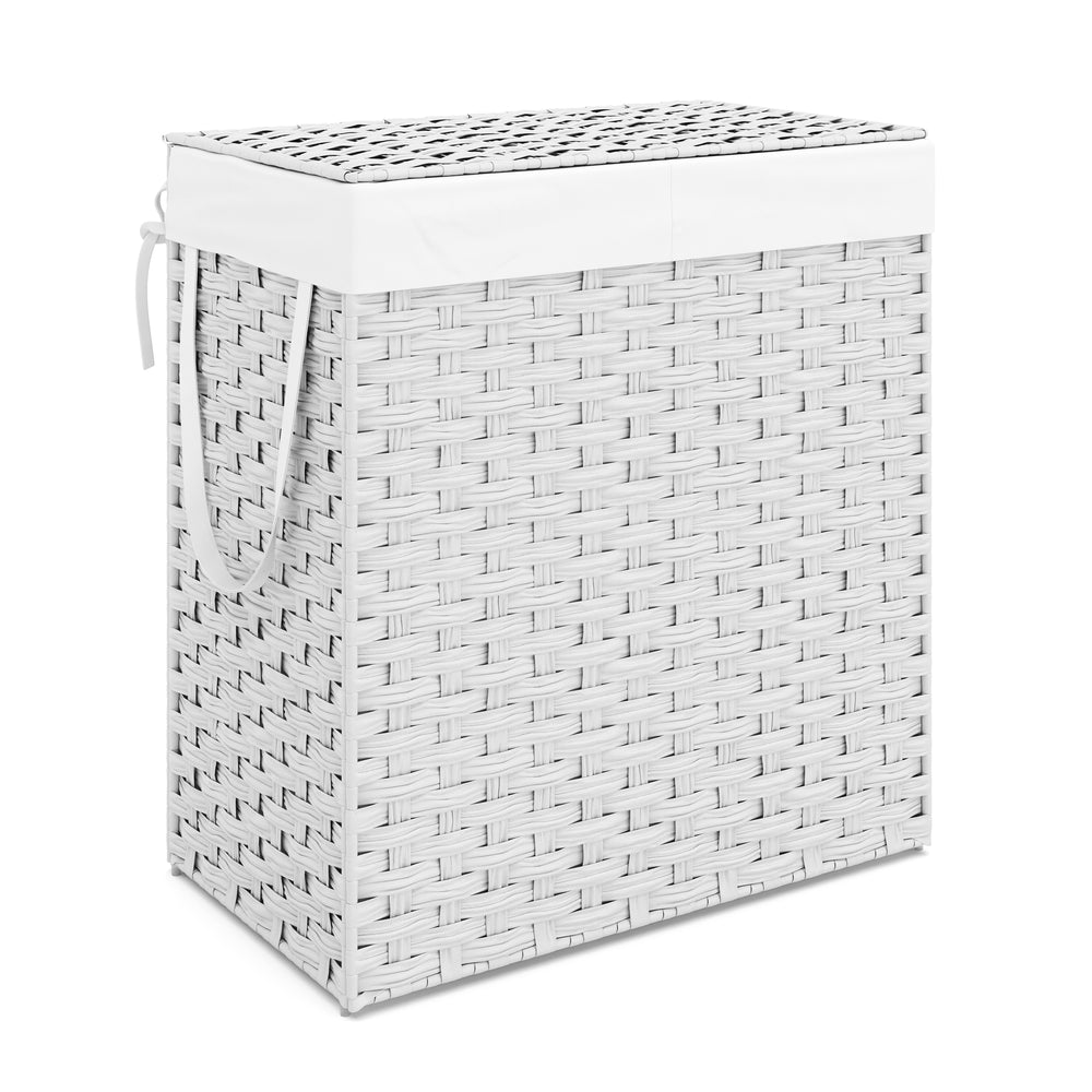 Cesto portabiancheria in rattan con coperchio, 2 scomparti, 110L, bianco