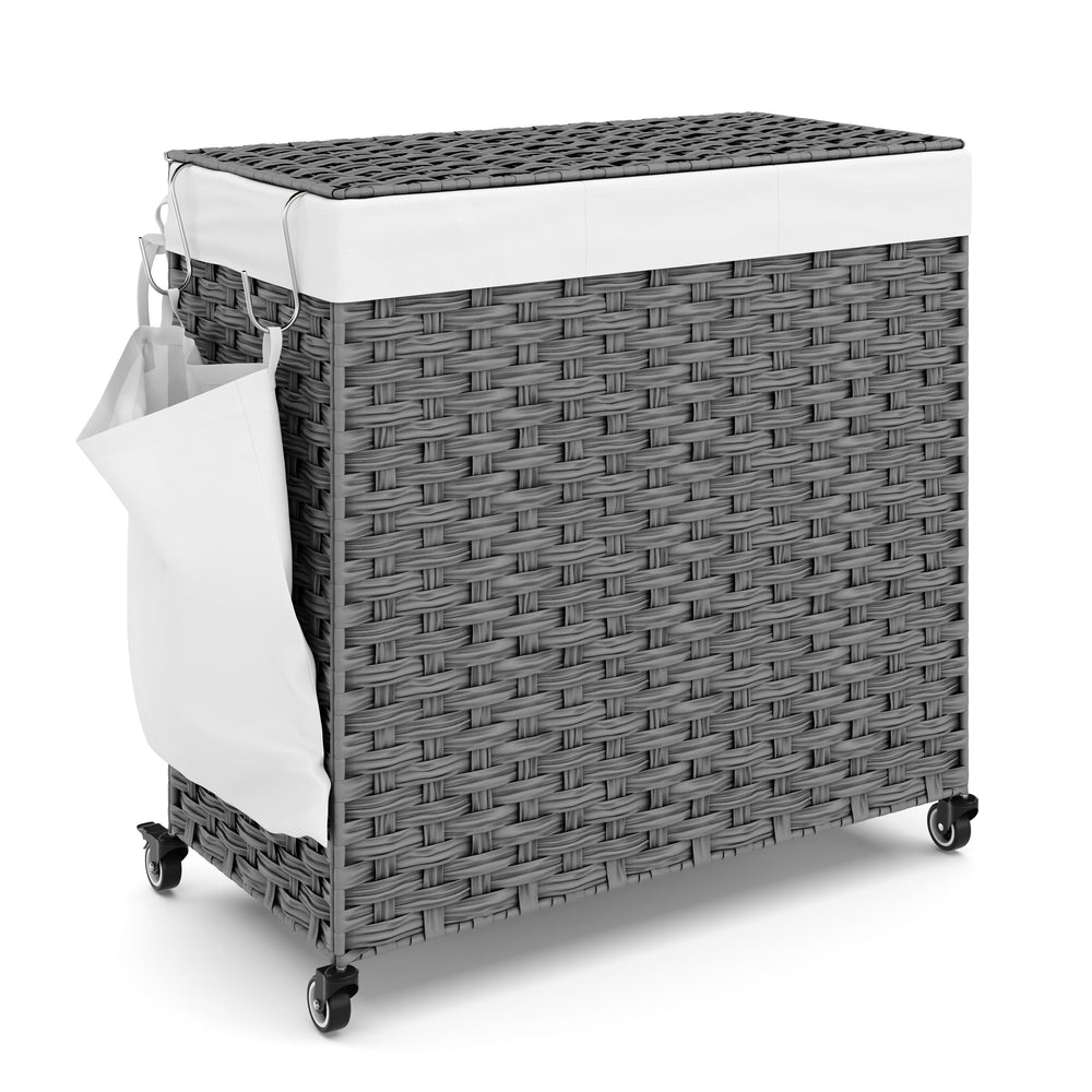 Cesto portabiancheria in rattan con coperchio, 3 scomparti, 129L, grigio