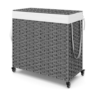 Wäschekorb Rattan mit Deckel 3 Fächer 129L grau