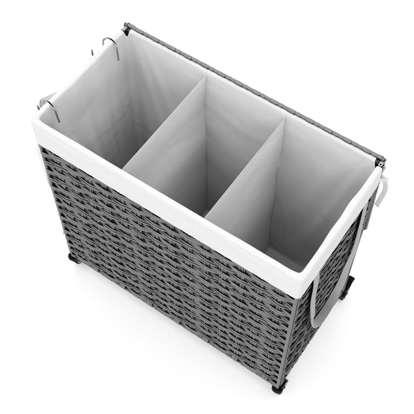 Wäschekorb Rattan mit Deckel 3 Fächer 129L grau
