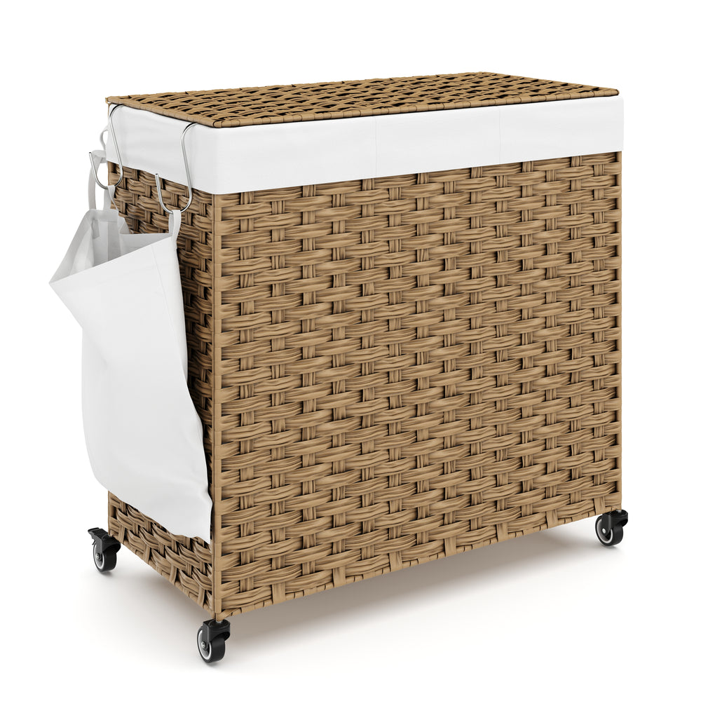 Cesto portabiancheria in rattan con coperchio, 3 scomparti, 129L, marrone