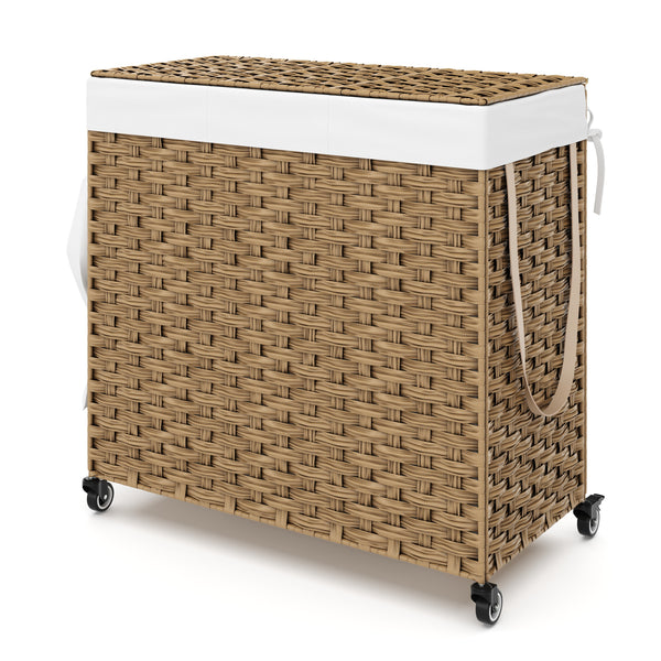 Wäschekorb Rattan mit Deckel 3 Fächer 129L braun