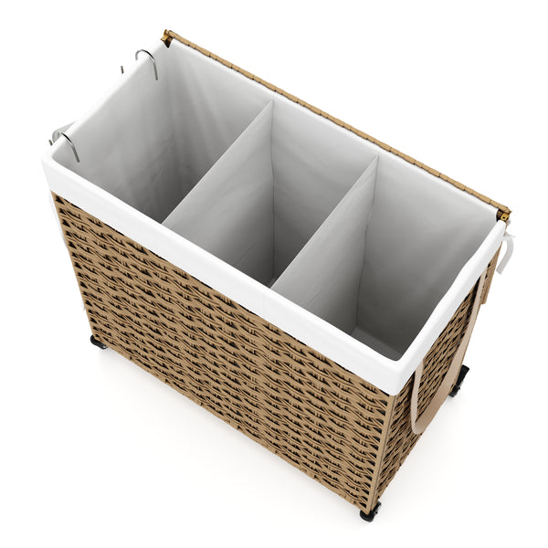 Wäschekorb Rattan mit Deckel 3 Fächer 129L braun