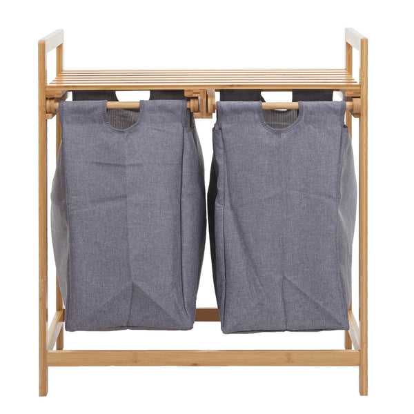 Wäschekorb Wäschesammler 2 Fächer 70l ~ Bambus dunkelgrau