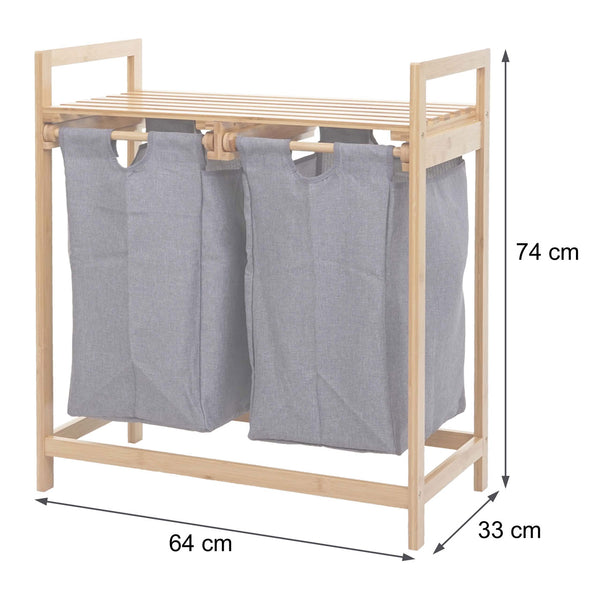 Wäschekorb Wäschesammler 2 Fächer 70l ~ Bambus dunkelgrau