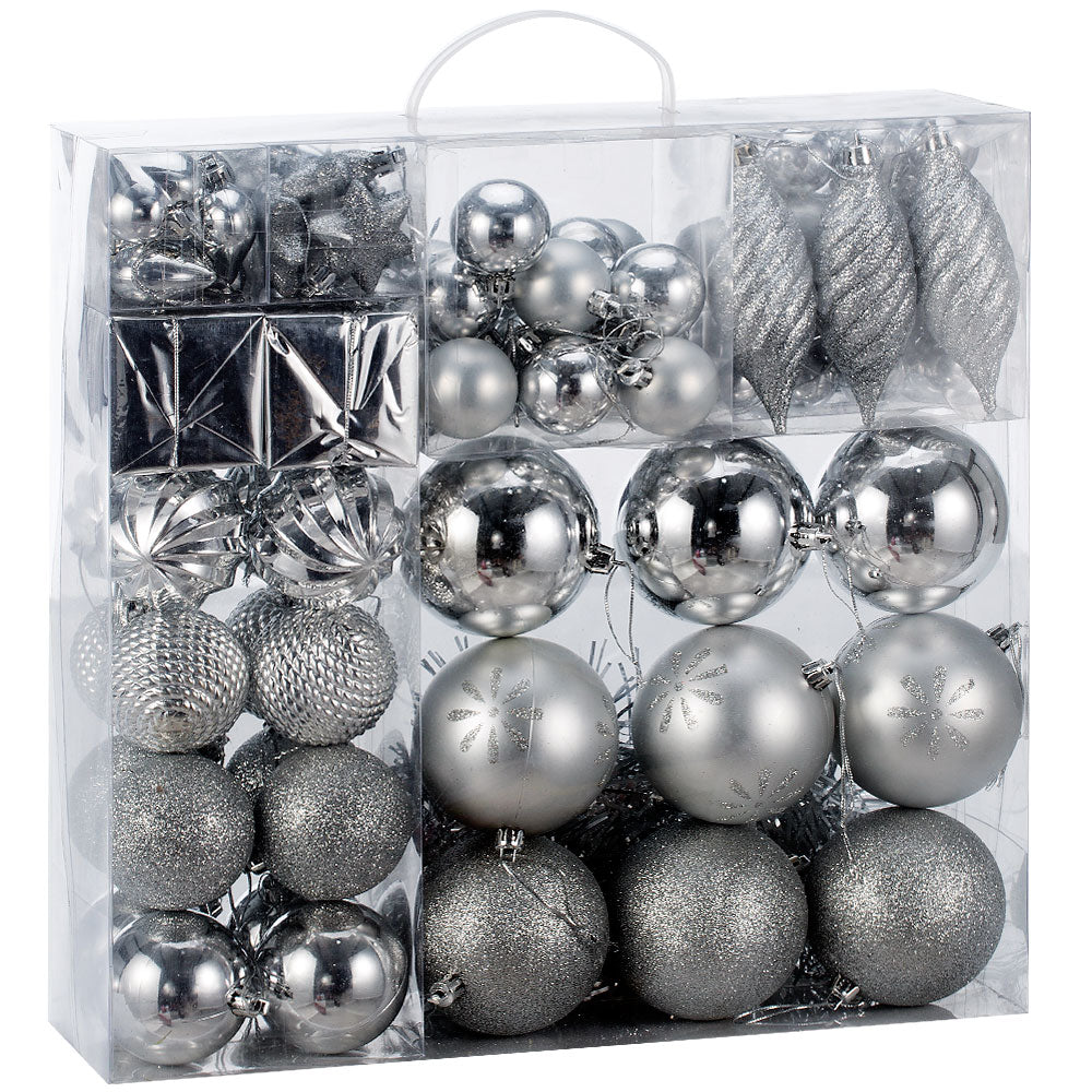 Christmas baubles, Christmas tree ornaments, 103 pieces, silver mix