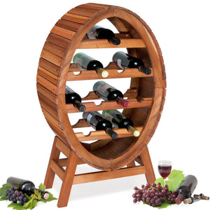 Acacia wood wine rack for 12 bottles in a wine barrel design