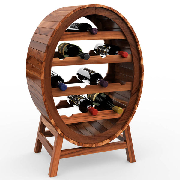 Acacia wood wine rack for 12 bottles in a wine barrel design