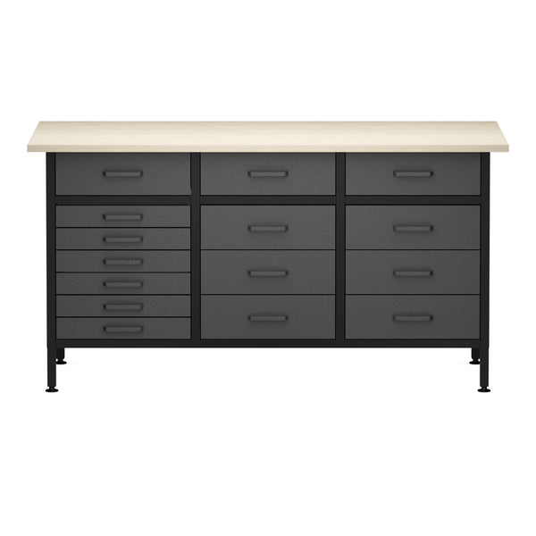 Werkbank MAKSIMUS 15 Schubladen 160 x 60 cm anthrazit/schwarz/natur