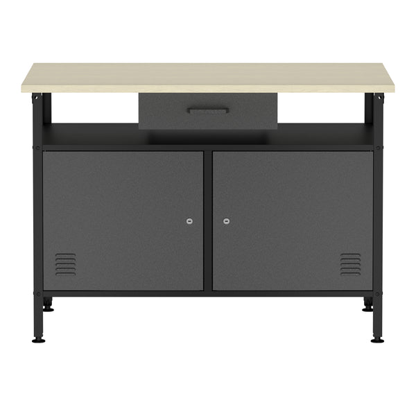 Werkbank MAKSIMUS 2 Türen 1 Schublade 120 x 60 cm anthrazit/schwarz/natur