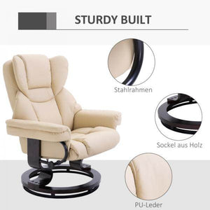 Relaxsessel mit Hocker, Liegefunktion, drehbar, bis 160 kg, Kunstleder creme