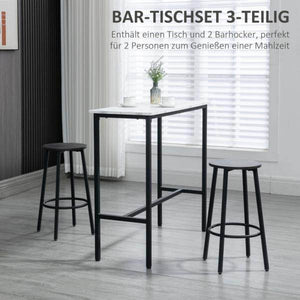 Bar-Set für 2 Personen, 1 Tisch mit 2 Barhockern, Tischplatte in Weisser Marmoroptik, Stahlrahmen