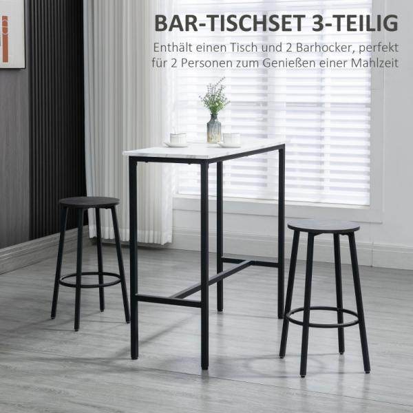 Bar-Set für 2 Personen, 1 Tisch mit 2 Barhockern, Tischplatte in Weisser Marmoroptik, Stahlrahmen