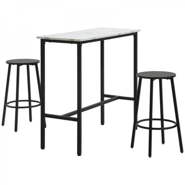 Bar-Set für 2 Personen, 1 Tisch mit 2 Barhockern, Tischplatte in Weisser Marmoroptik, Stahlrahmen