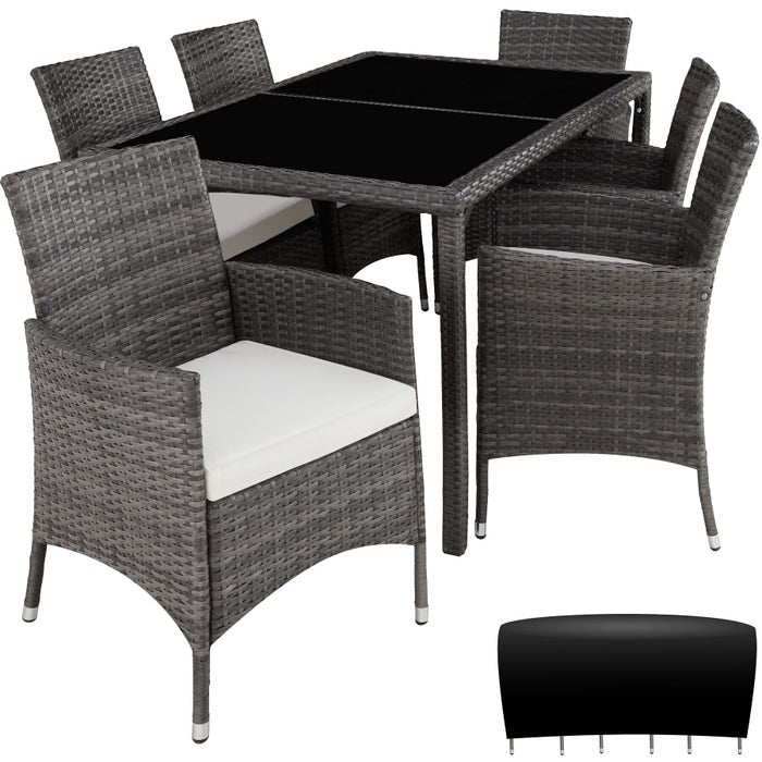 Salon de jardin en rotin 6+1 avec housse de protection grise/blanche