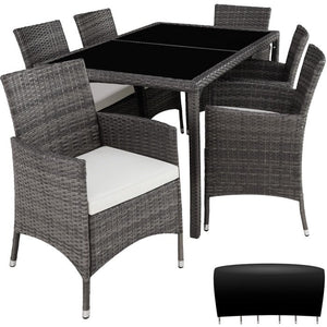 Rattan Sitzgruppe 6+1 mit Schutzhülle grau/weiss