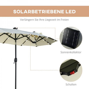 Doppelschirm, Terrassenschirm, neigbar, mit Solarpaneel, 35 LEDs, Stahlrahmen, beige