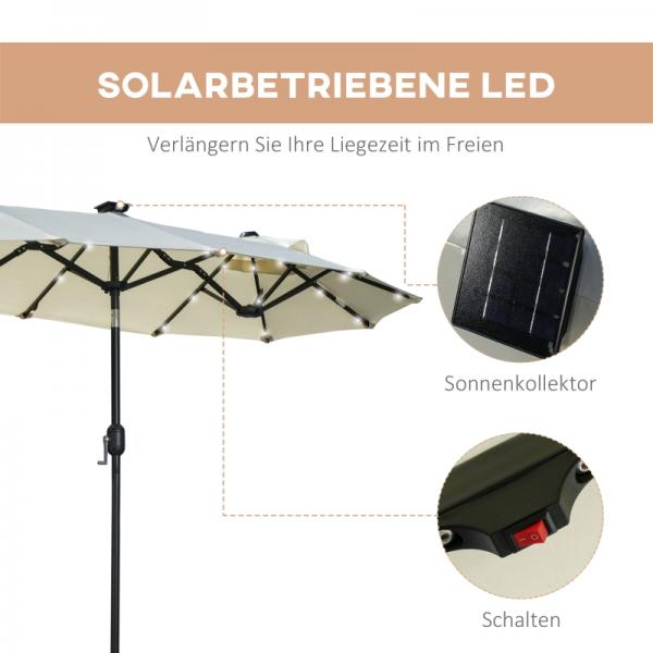 Doppelschirm, Terrassenschirm, neigbar, mit Solarpaneel, 35 LEDs, Stahlrahmen, beige