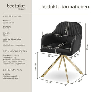 Samt-Drehstuhl Lona schwarz/gold 4er Set