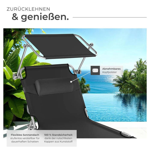2 Gartenliegen 4-stufig mit Kopfpolster schwarz