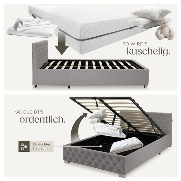 Bettset Polsterbett mit LED und Matratze Samtoptik dunkelgrau 140 x 200 cm