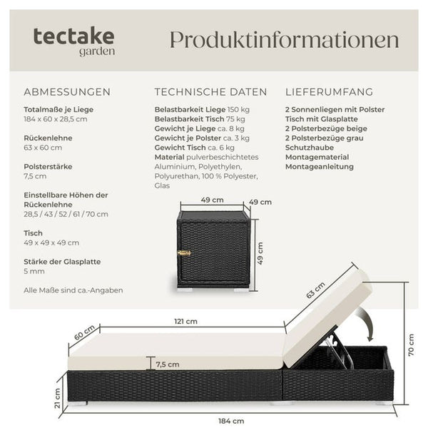2er Set Aluminium Rattan Sonnenliegen schwarz