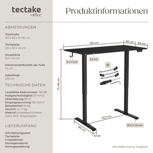 Elektrisch höhenverstellbarer Schreibtisch Loki schwarz 120 x 60 cm