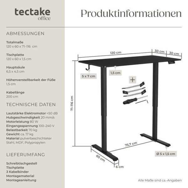 Elektrisch höhenverstellbarer Schreibtisch Loki schwarz 120 x 60 cm