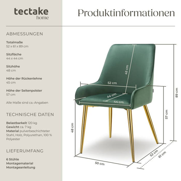 Polsterstuhl Avane, Samtoptik, Belastbarkeit 120 kg grün 6er Set