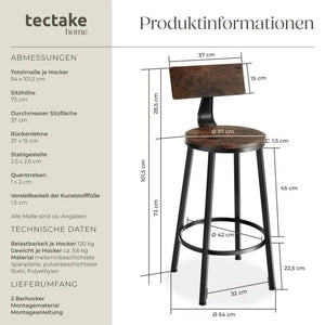 Barhocker Poole 2er Set Industrial Holz dunkel, rustikal