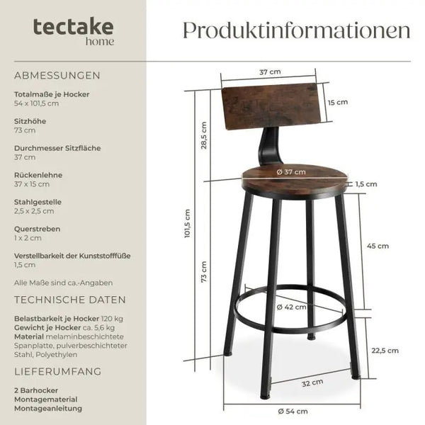 Barhocker Poole 2er Set Industrial Holz dunkel, rustikal