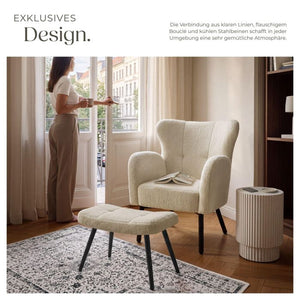 Sessel mit Hocker Vänersborg Bouclé creme/schwarz