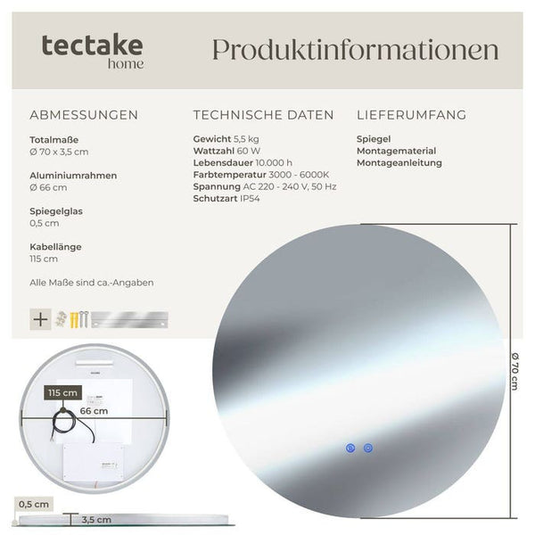 Runder LED Badezimmerspiegel Aurora 70 cm