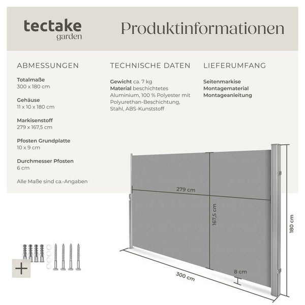 Tendalino laterale in alluminio, grigio, 180x300cm