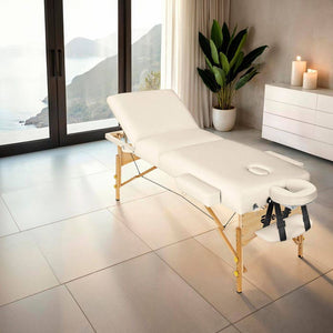 3 Zonen Massageliege-Set Somwang mit 7,5cm Polsterung, Rollen und Holzgestell beige