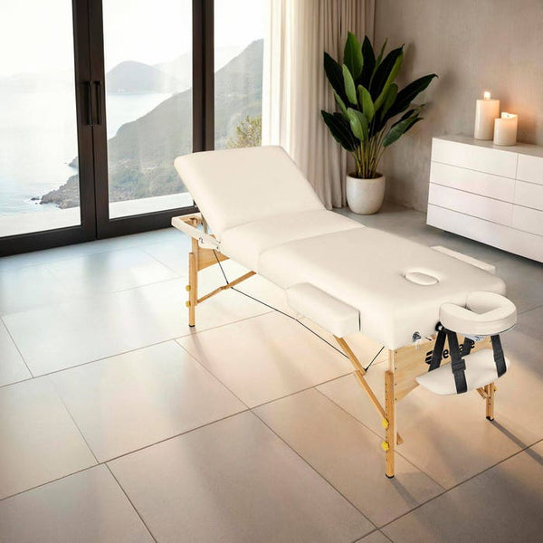 3 Zonen Massageliege-Set Somwang mit 7,5cm Polsterung, Rollen und Holzgestell beige