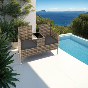 Rattan Gartensitzbank mit Tisch natur/dunkelgrau