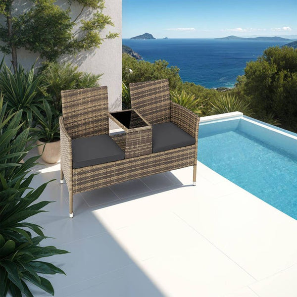 Rattan Gartensitzbank mit Tisch natur/dunkelgrau