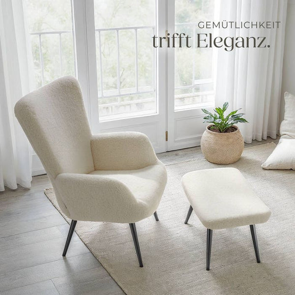 Sessel Hygge gepolstert, ergonomisch, Belastbarkeit 150 kg Bouclé creme/schwarz mit Hocker