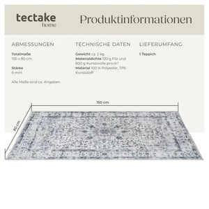 Vintage Teppich Aliya Kurzflor waschbar grau 80 x 150 cm