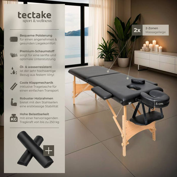 Set lettino da massaggio Freddi a 2 zone con imbottitura da 5 cm, ruote e struttura in legno nero