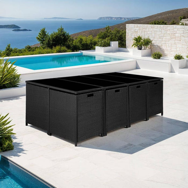 Rattan Sitzgruppe Palma 8+4+1 mit Schutzhülle schwarz/grau
