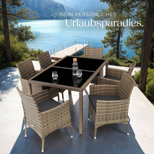 Rattan Sitzgruppe 6+1 mit Schutzhülle natur/dunkelgrau